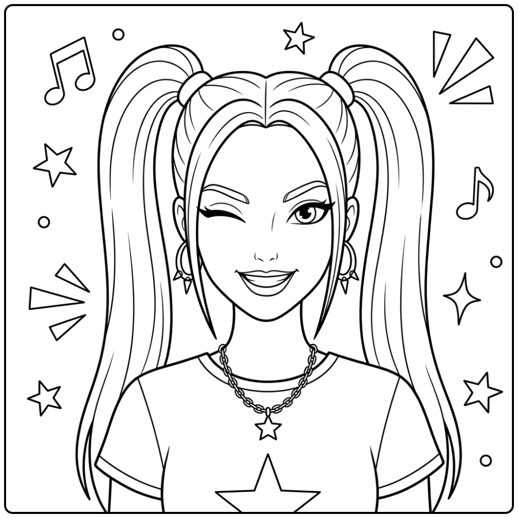 Kleurplaat kpop demon hunters mira knipogend met sterren.