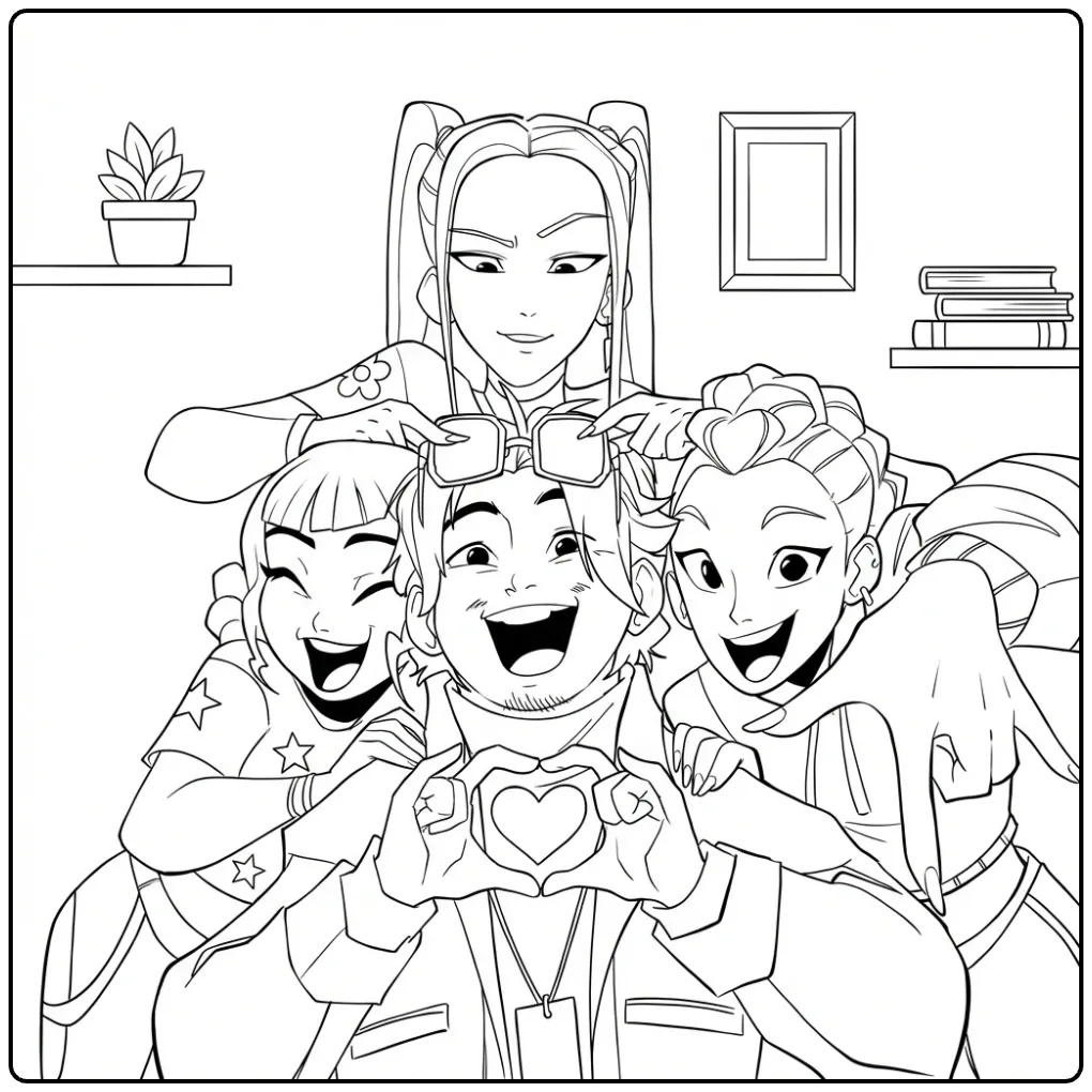 Een kleurplaat kpop demon hunters groepje dat vrolijk poseert.