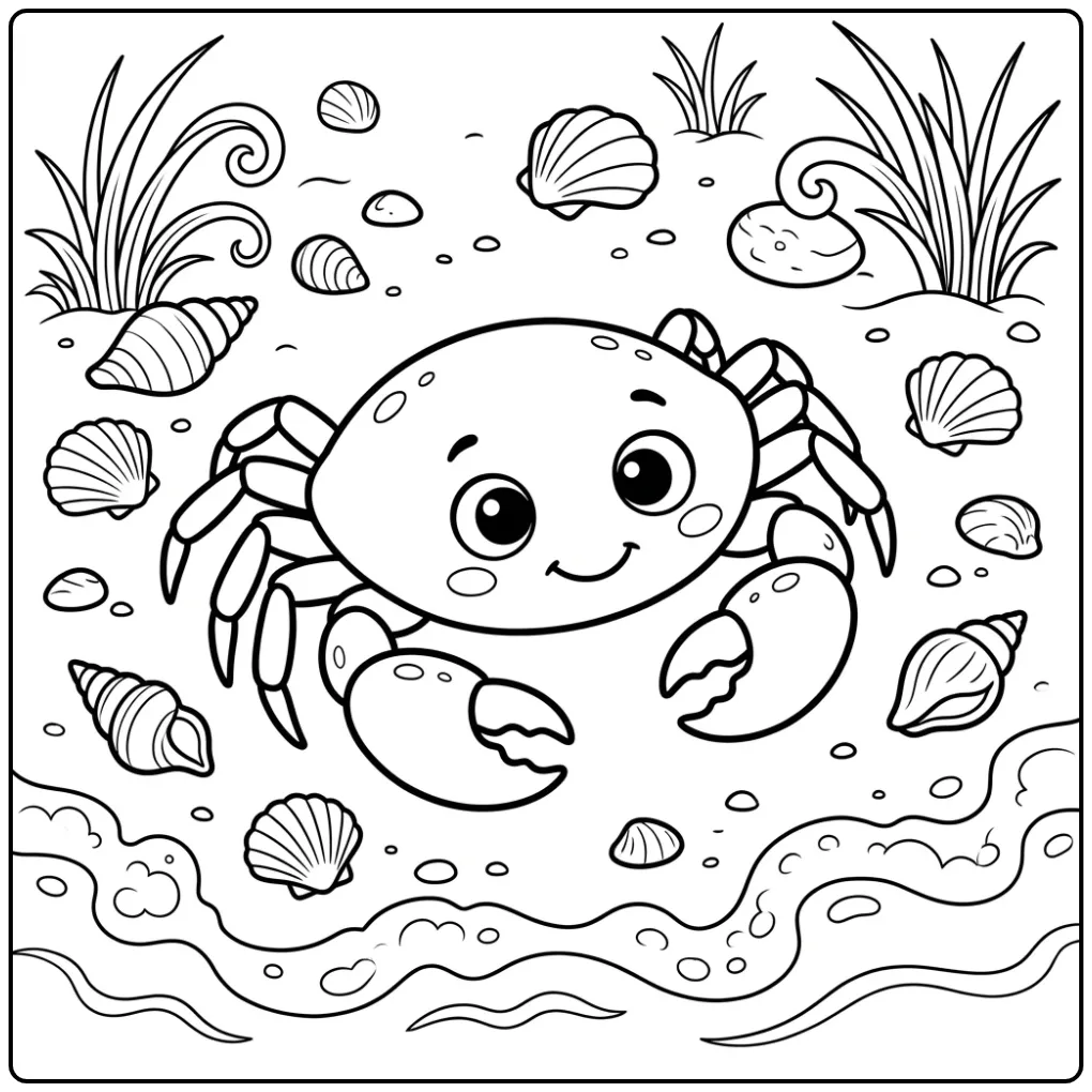 Leuke kleurplaat krab op het strand tussen de schelpen.