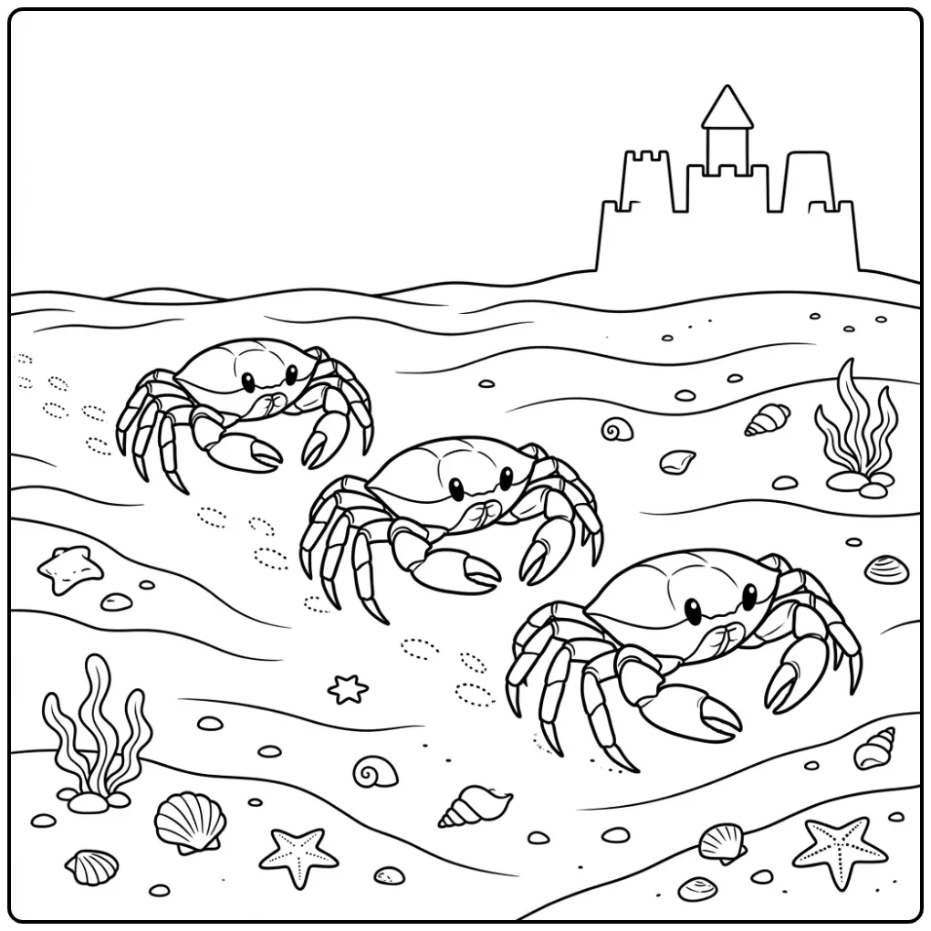 Schattige kleurplaat krab met vriendjes in een rij op zand.