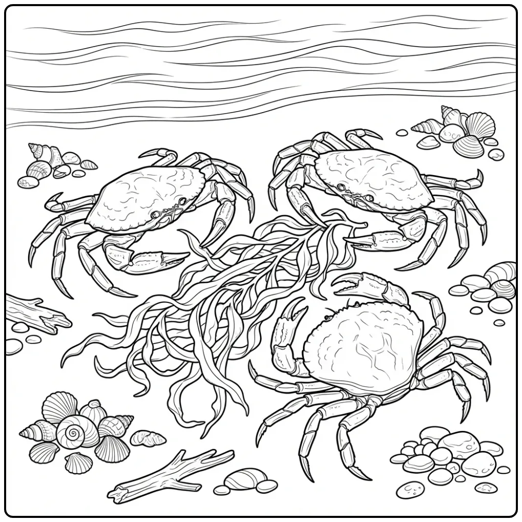 Leuke kleurplaat krab met drie vrienden bij zeewier en schelpen.