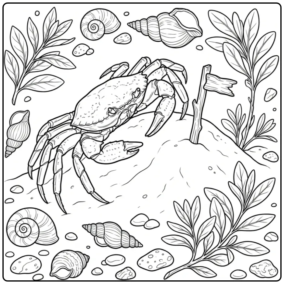 Een schattige kleurplaat krab op een zandheuvel met schelpen.