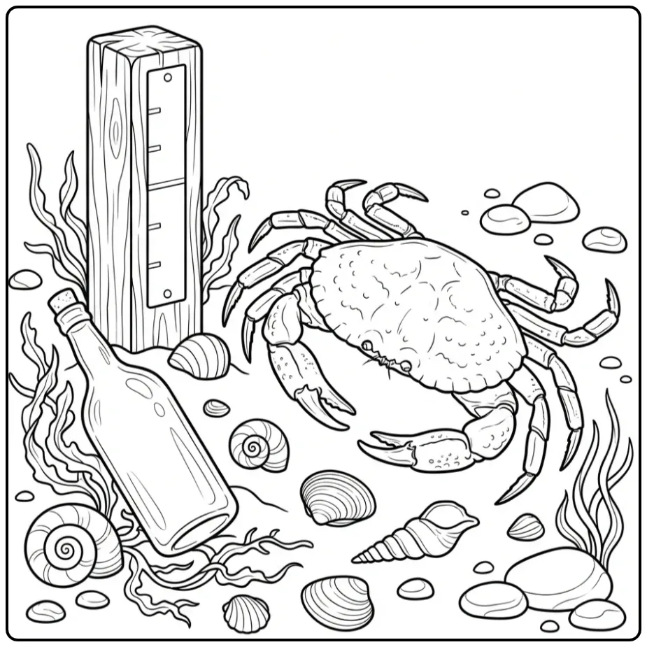 Schattige kleurplaat krab bij een paaltje en strandspullen.