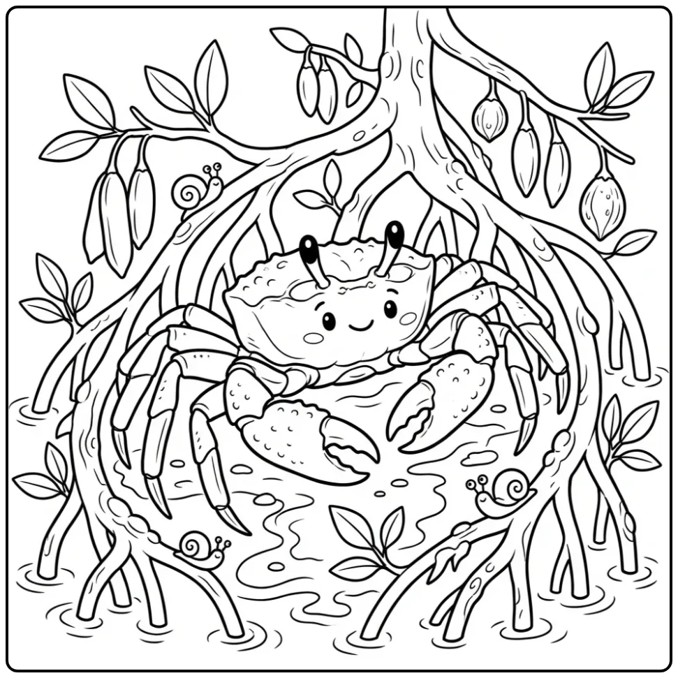 Een schattige kleurplaat krab tussen de mangrovewortels.