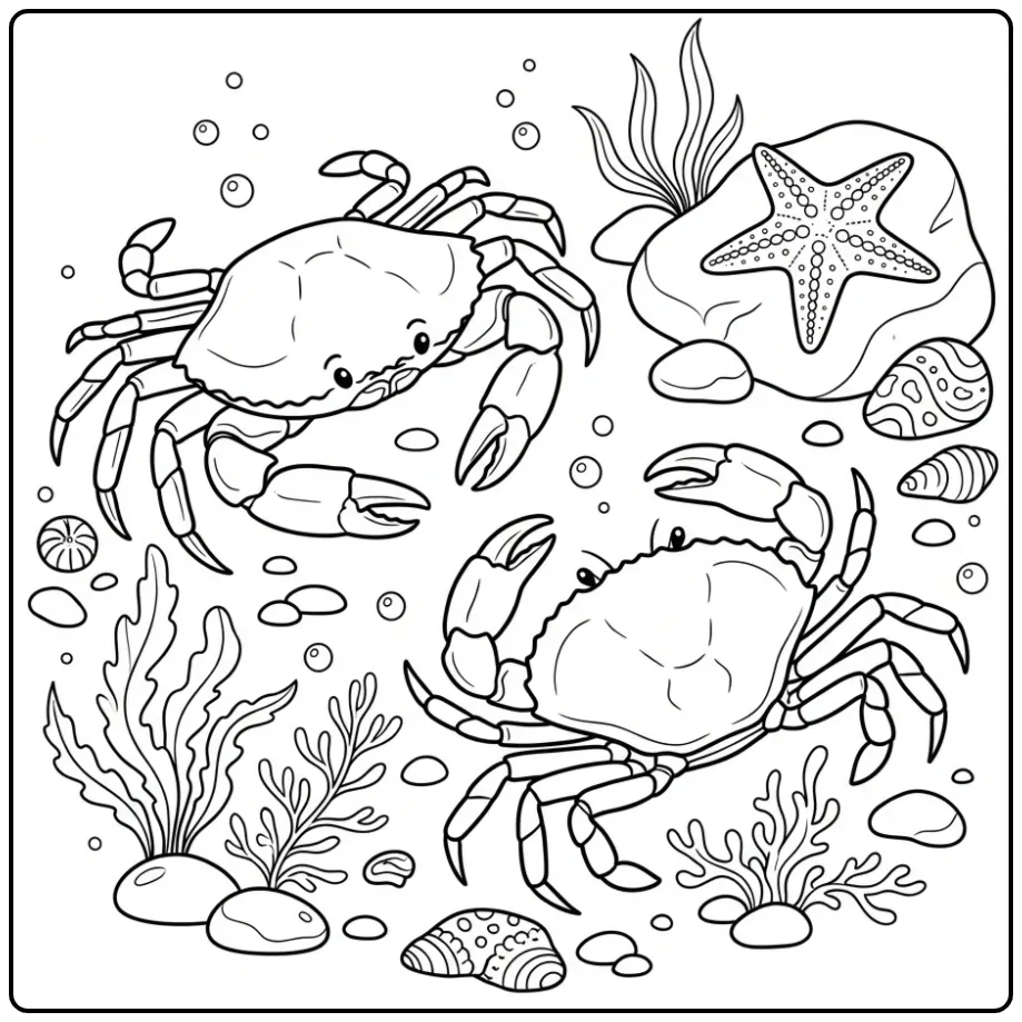 Leuke kleurplaat krab en vriendje in een getijdenpoel.