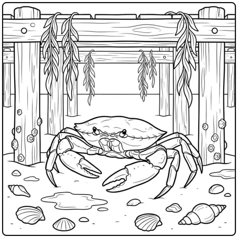 Leuke kleurplaat krab met schelpen en zeewier.