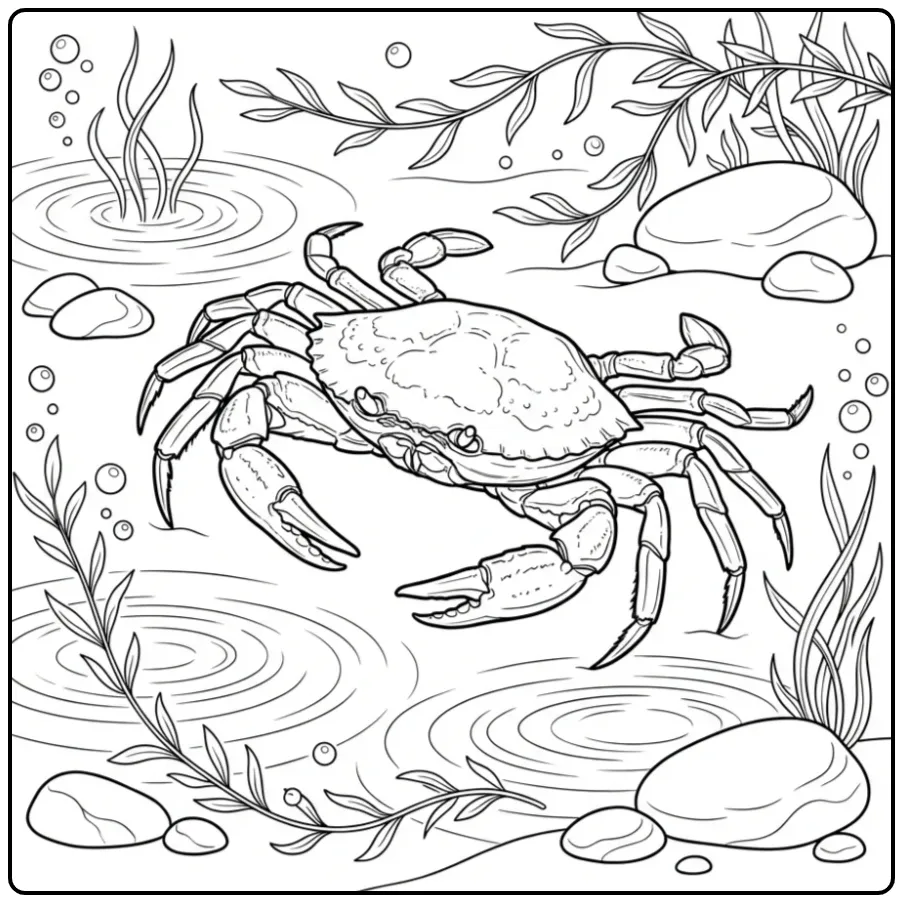 Leuke kleurplaat krab in een lagune met bubbels en stenen.