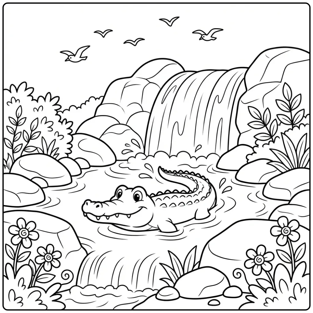 Een leuke kleurplaat krokodil zwemmend bij een waterval.