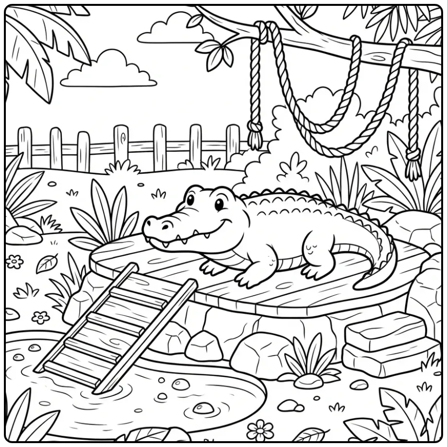 Een schattige kleurplaat krokodil in een dierentuinverblijf.