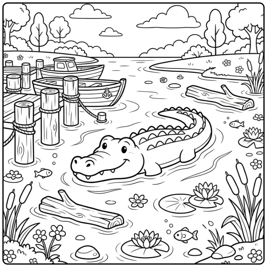 Leuke kleurplaat krokodil drijvend tussen mooie waterlelies.