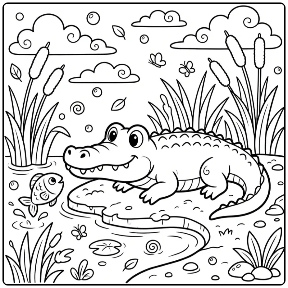 Leuke kleurplaat krokodil bij de rivier met een springende vis