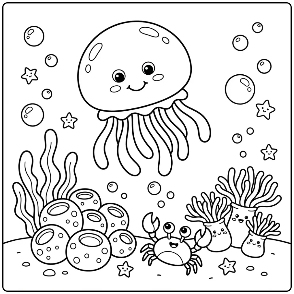 Leuke kleurplaat kwal die naar een krab kijkt onder water.