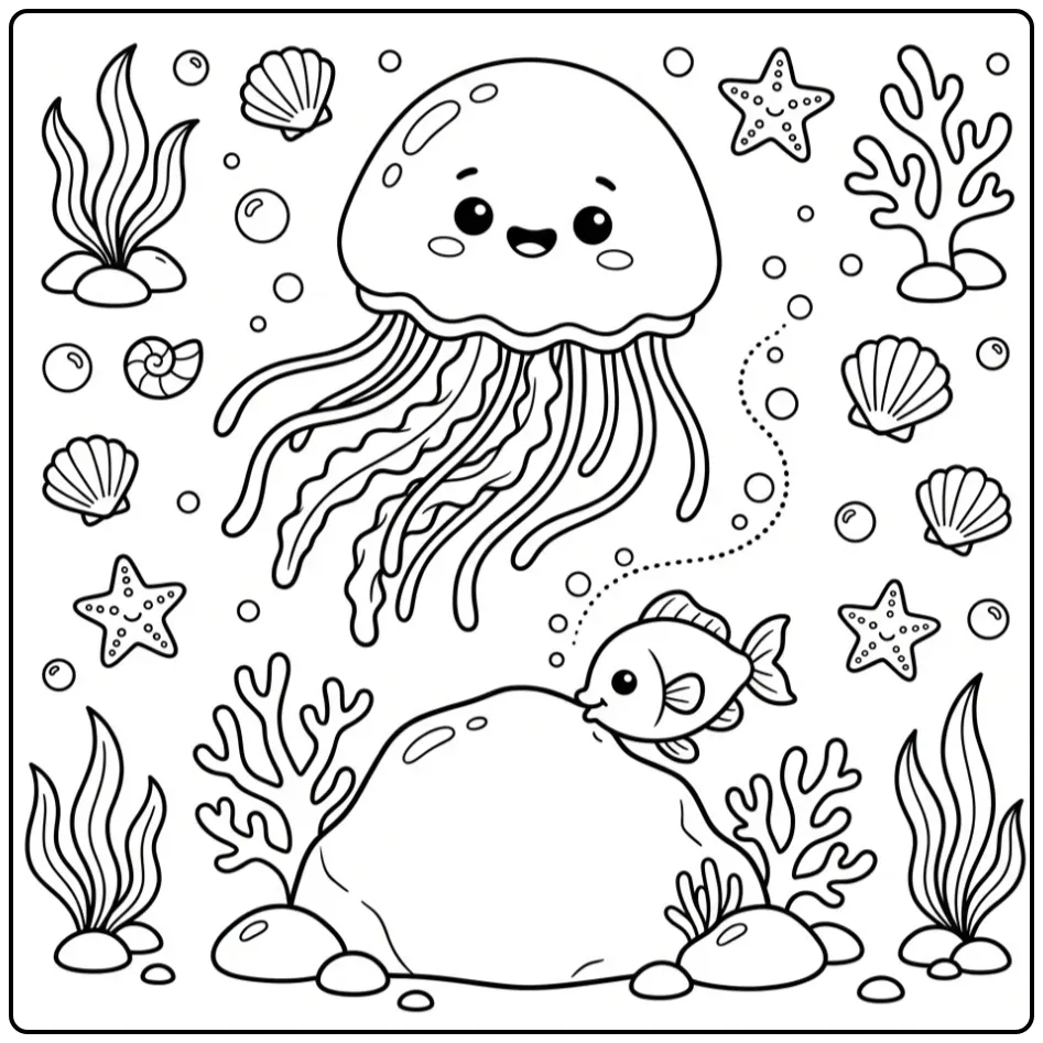 Schattige kleurplaat kwal bij een rots met visje en bubbels.