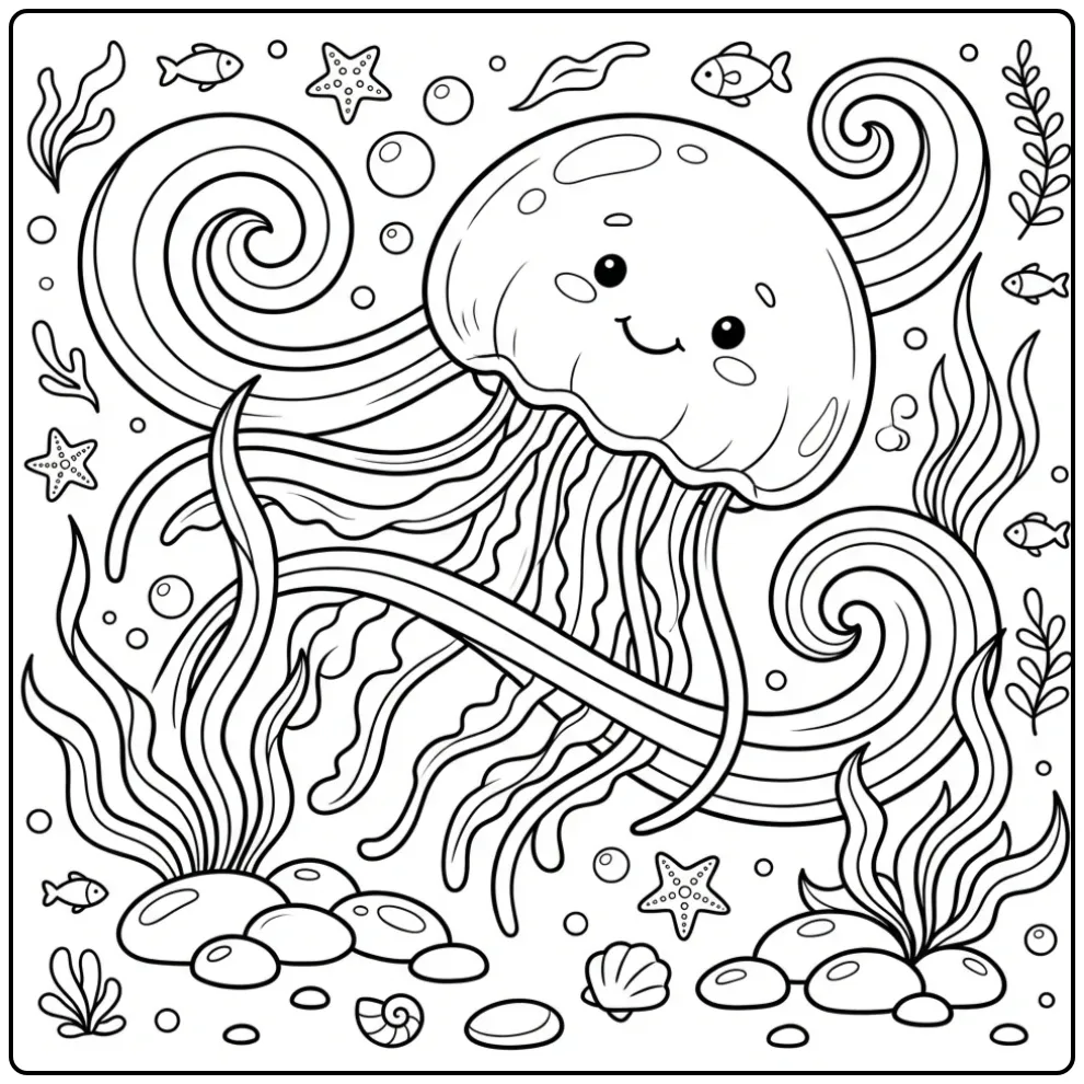 Een schattige kleurplaat kwal met bubbels en zeewier.