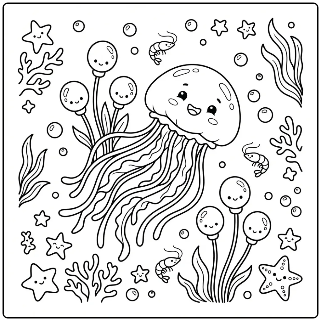 Een schattige kleurplaat kwal tussen zeelantaarns.