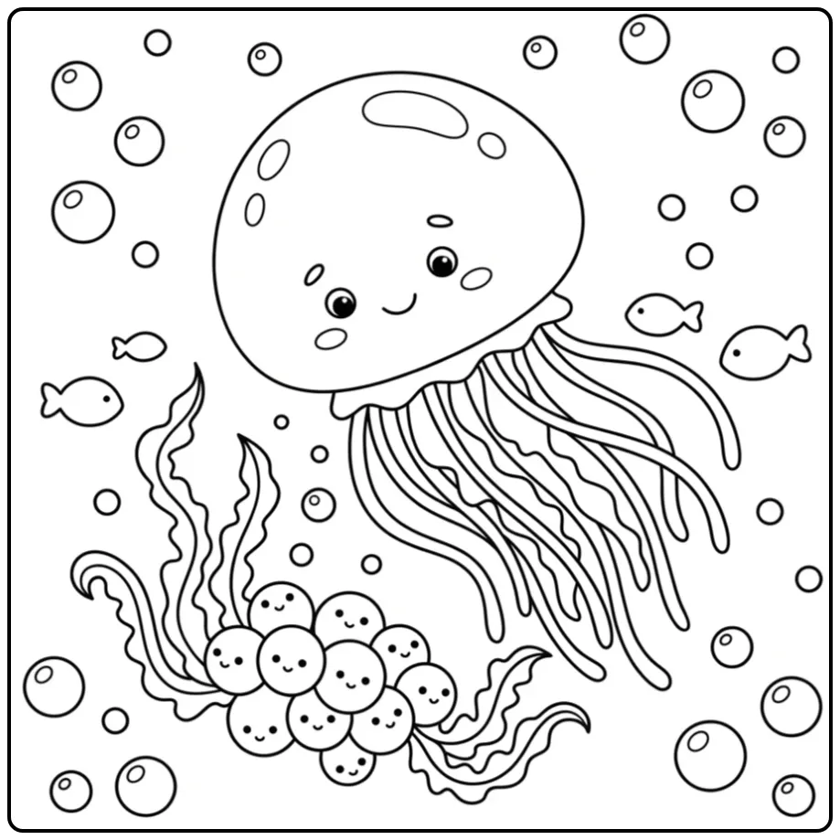 Schattige kleurplaat kwal die eitjes bewaakt tussen zeewier.