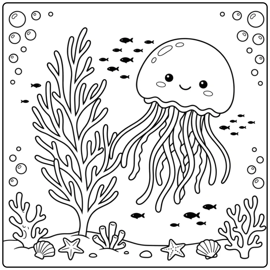 Schattige kleurplaat kwal zwevend naast een grote zeewaaier.