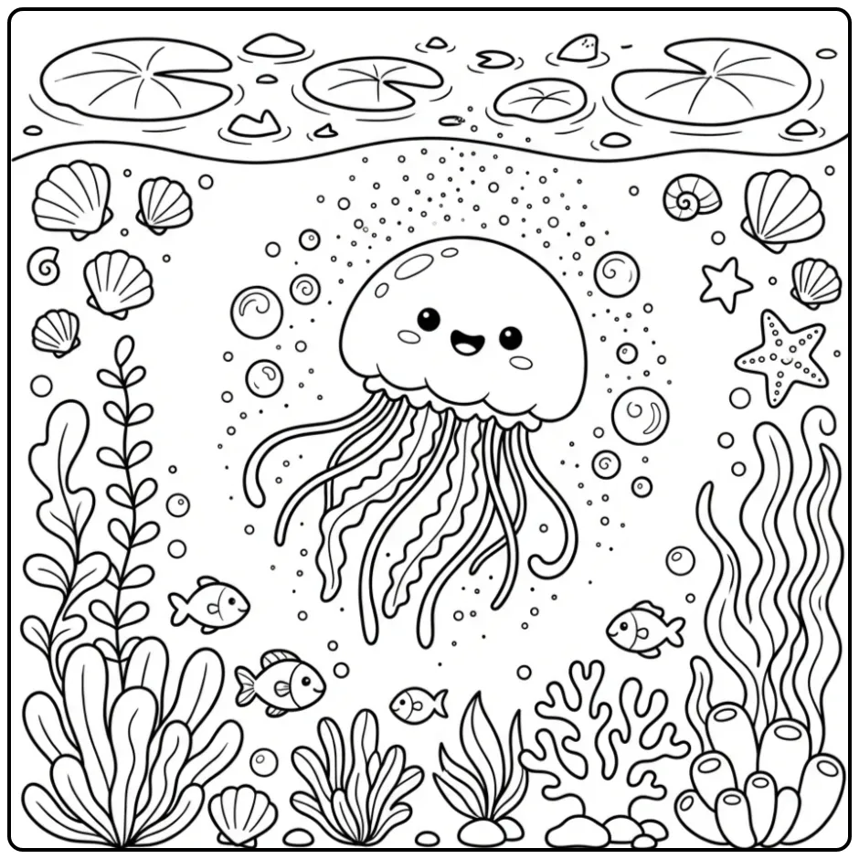 Schattige kleurplaat kwal met bubbels en zeeplanten.