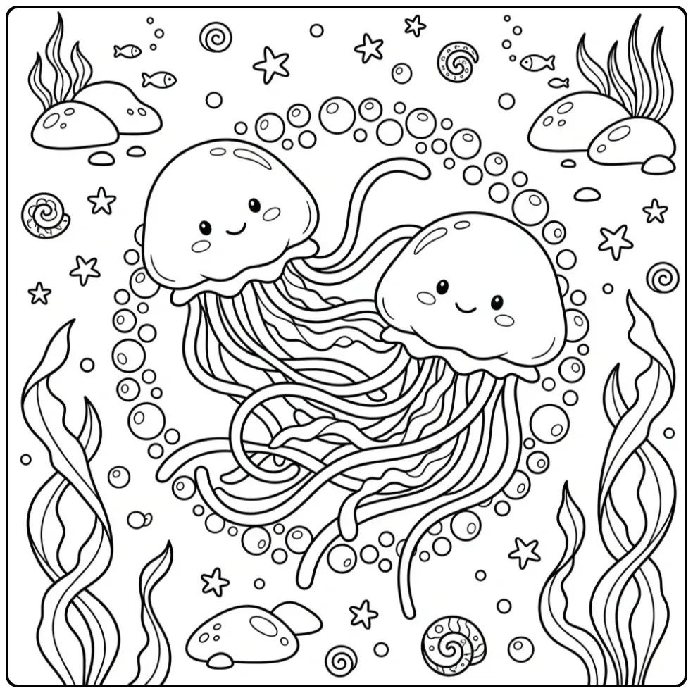 Leuke kleurplaat kwal met twee zwemmende vriendjes samen.