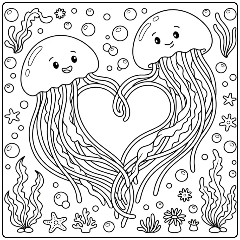 Schattige kleurplaat kwal en vriendje in hartvorm.