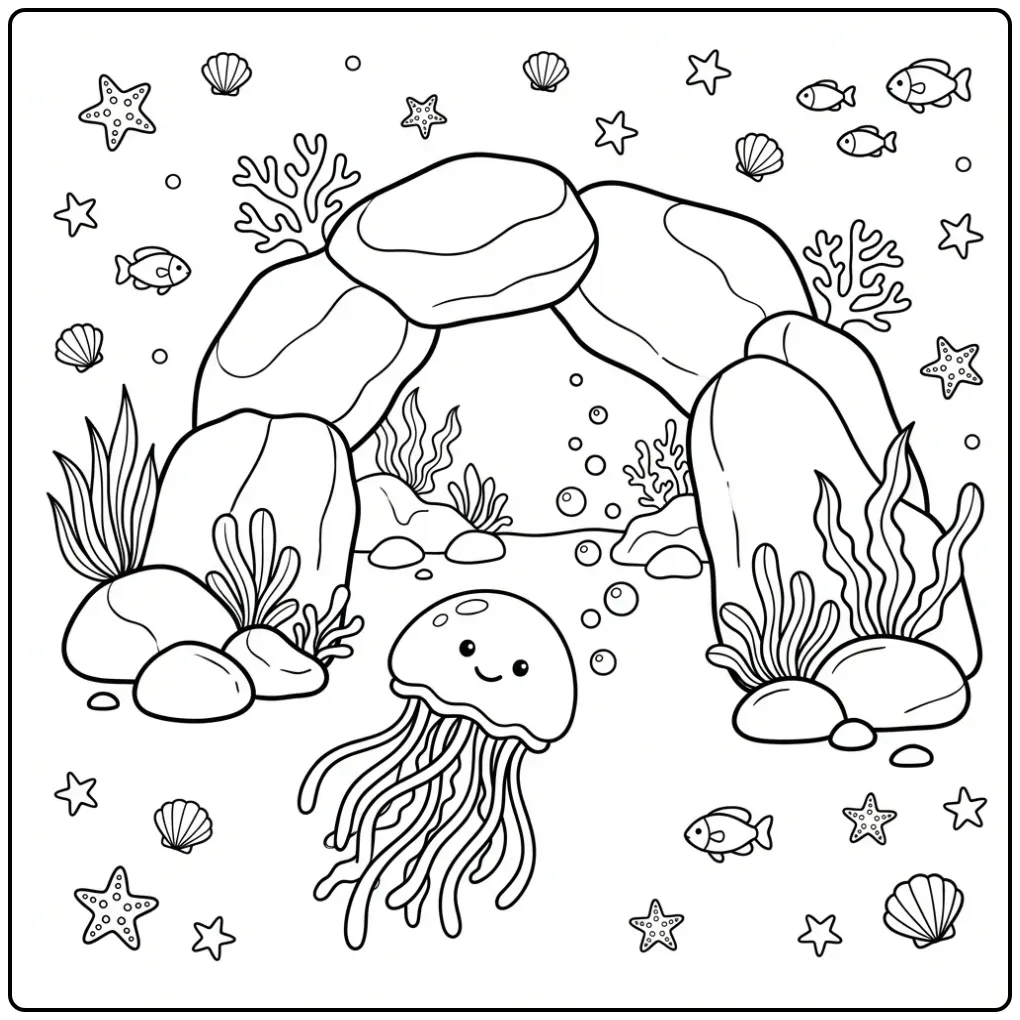 Leuke kleurplaat kwal bij een grot met stenen en zeewier.