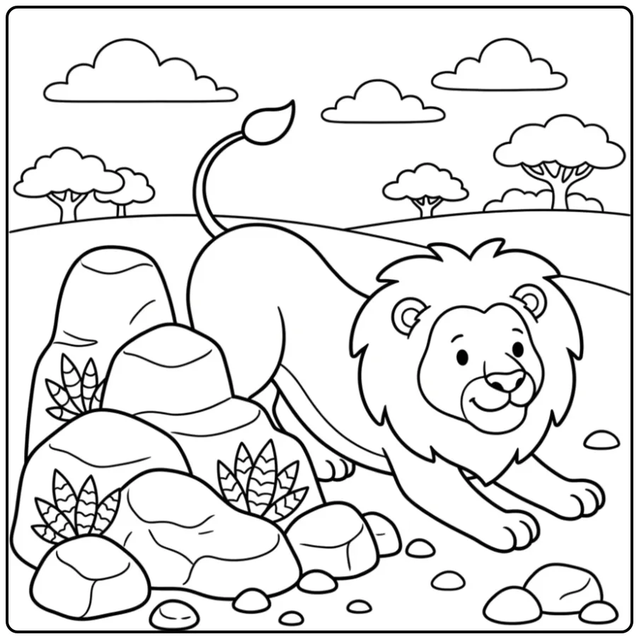 Schattige kleurplaat leeuw die zich uitrekt na een dutje.