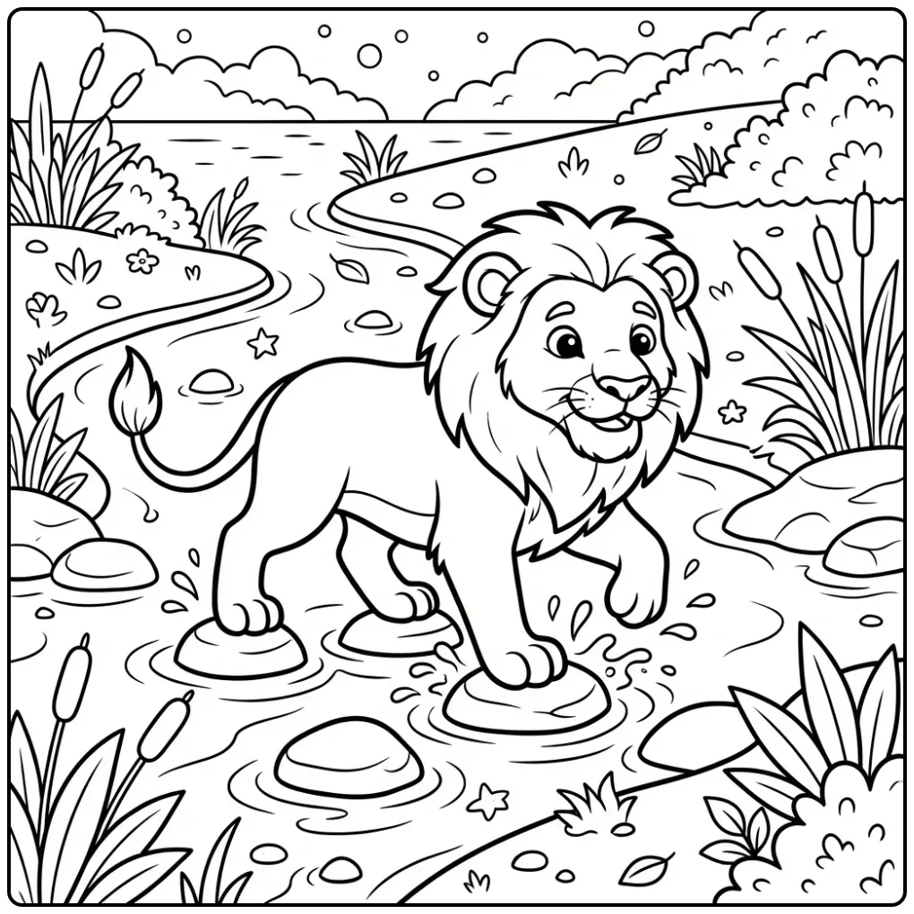 Een kleurplaat leeuw steekt een rivier over via stapstenen.