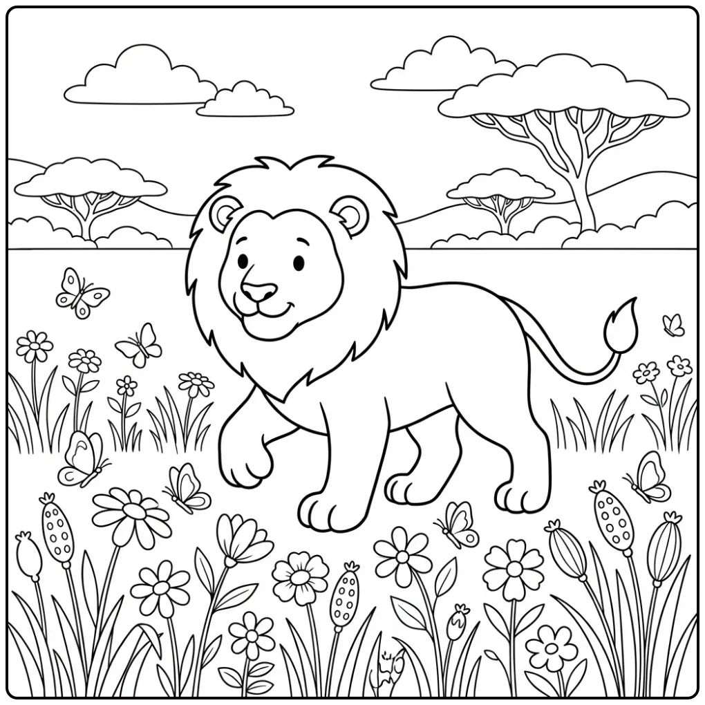 Een schattige kleurplaat leeuw wandelend tussen de bloemen