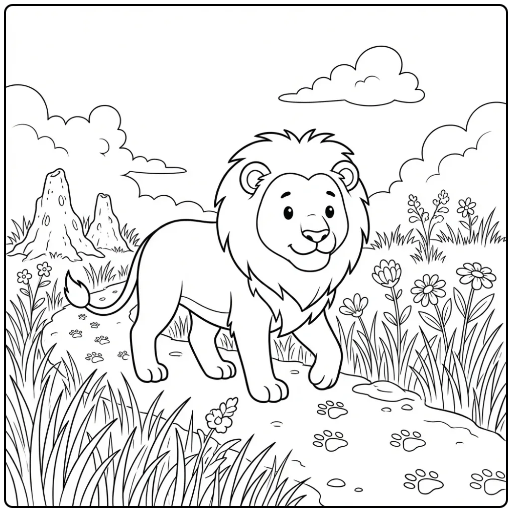 Een schattige kleurplaat leeuw wandelend op de savanne.