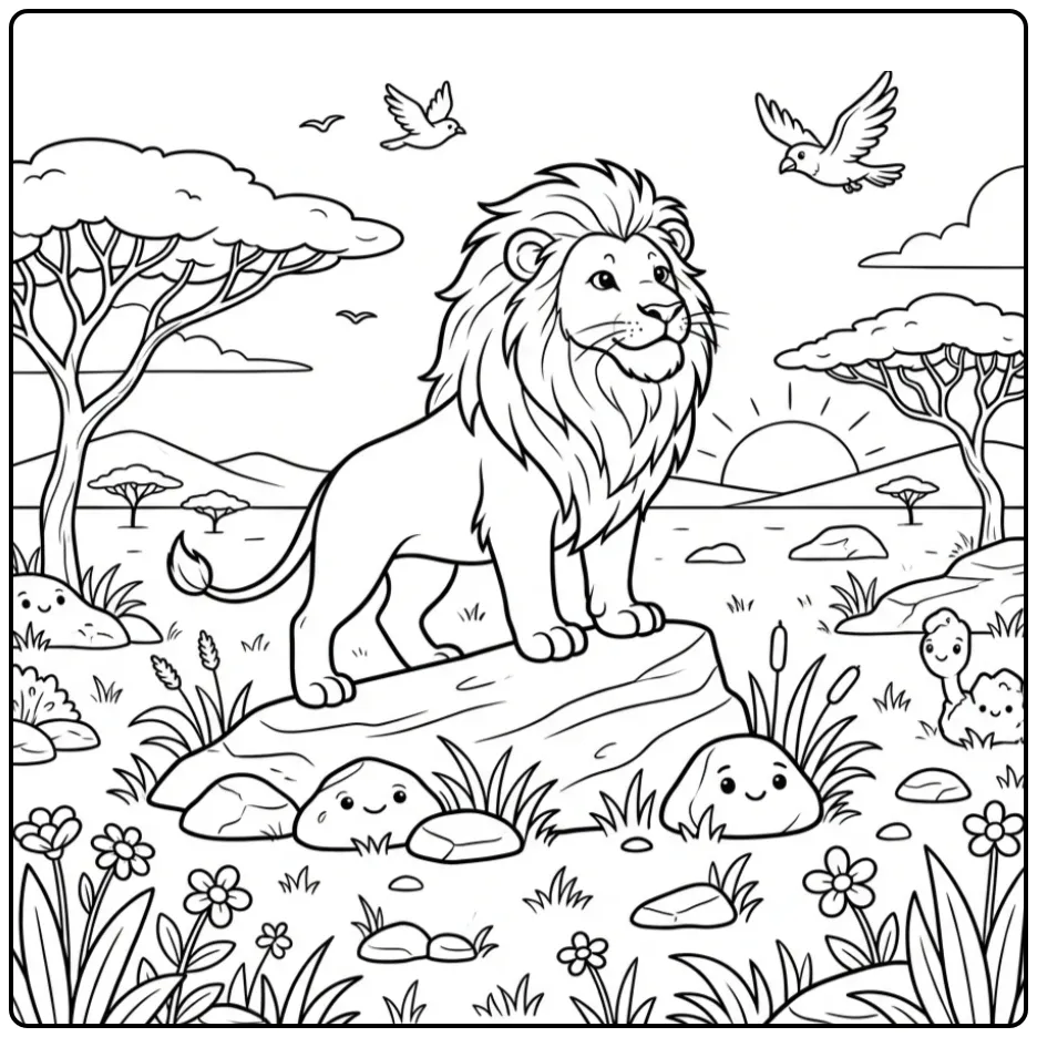 Een majestueuze kleurplaat leeuw op een rots in de savanne.