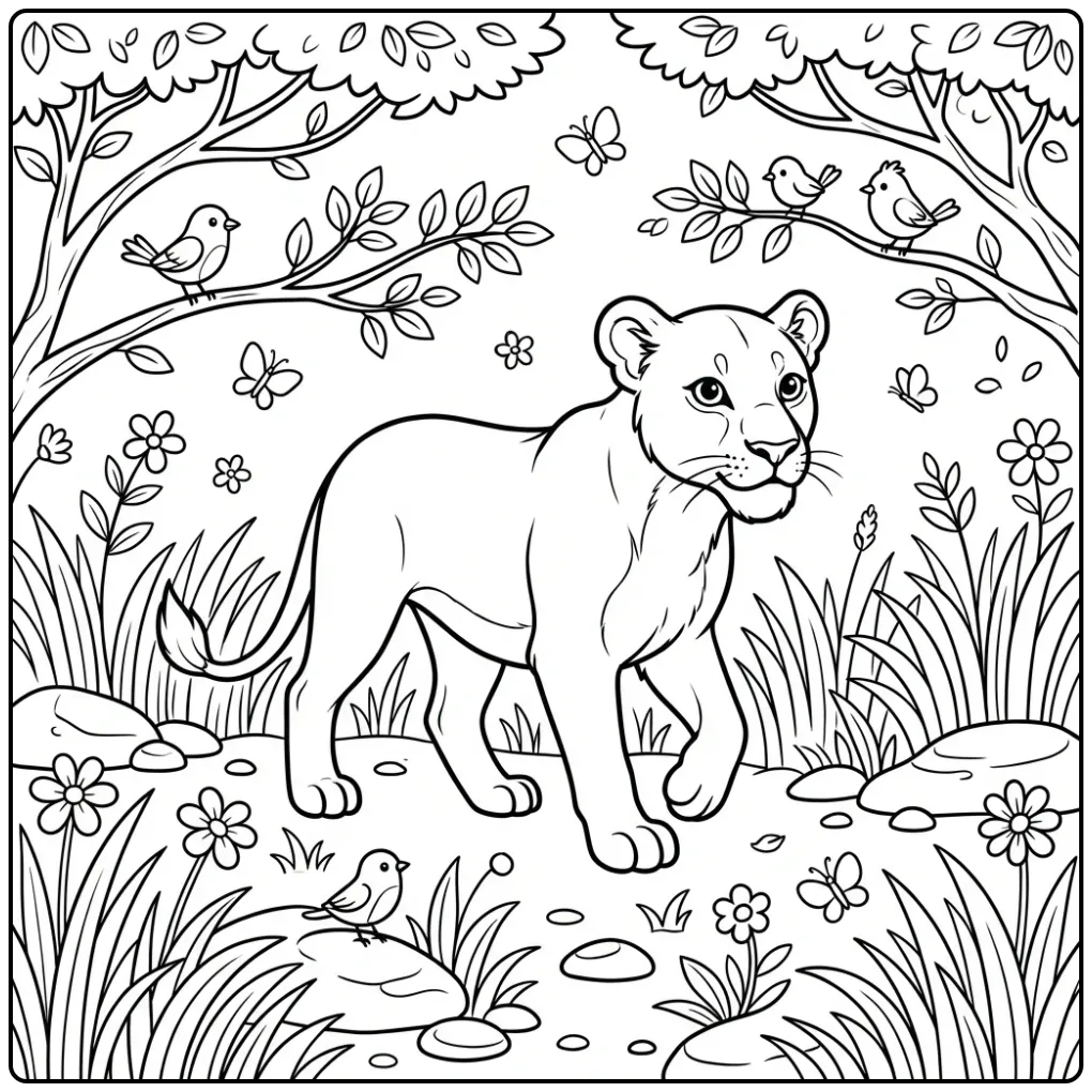 Schattige kleurplaat leeuwin lopend door hoog savannegras.