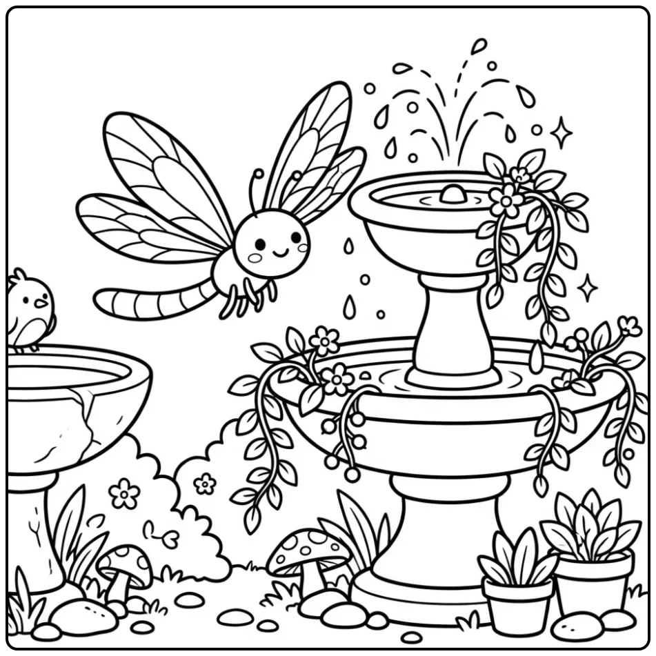 Een schattige kleurplaat libelle bij een fontein en bloemen.