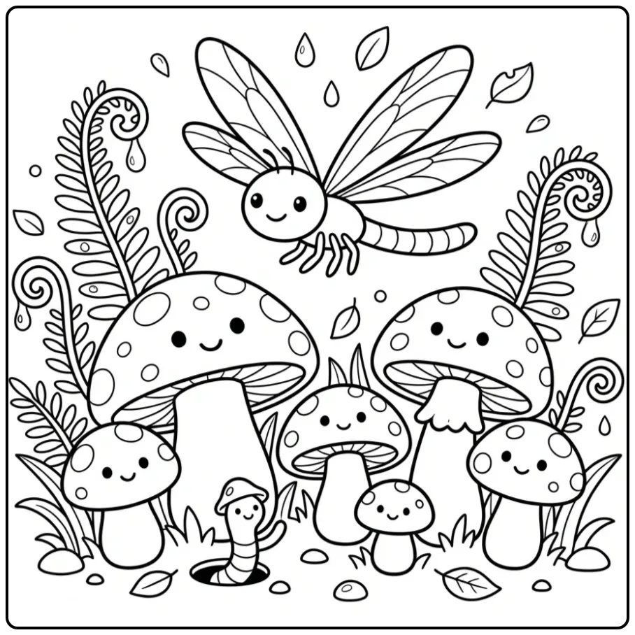 Schattige kleurplaat libelle bij paddenstoelen en varens.