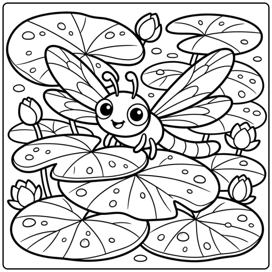 Schattige kleurplaat libelle tussen lotusbladeren.