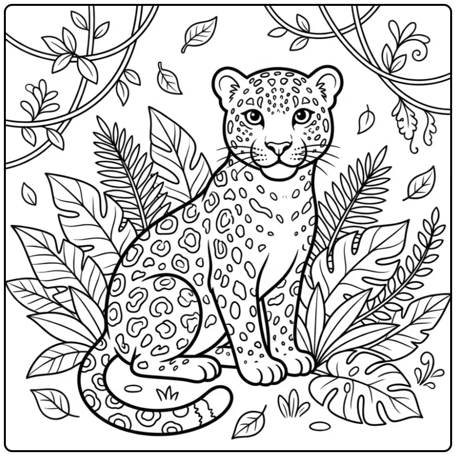 Schattige kleurplaat luipaard tussen bladeren en planten.