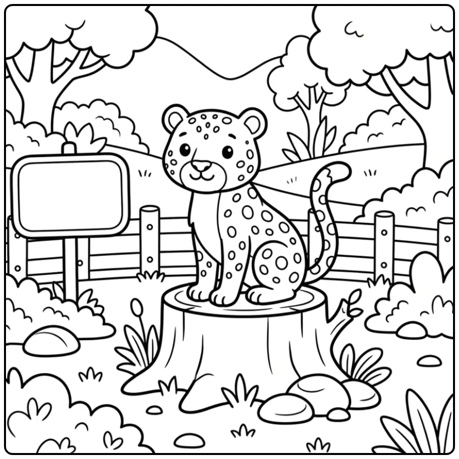 Een schattige kleurplaat luipaard op een dikke boomstronk.