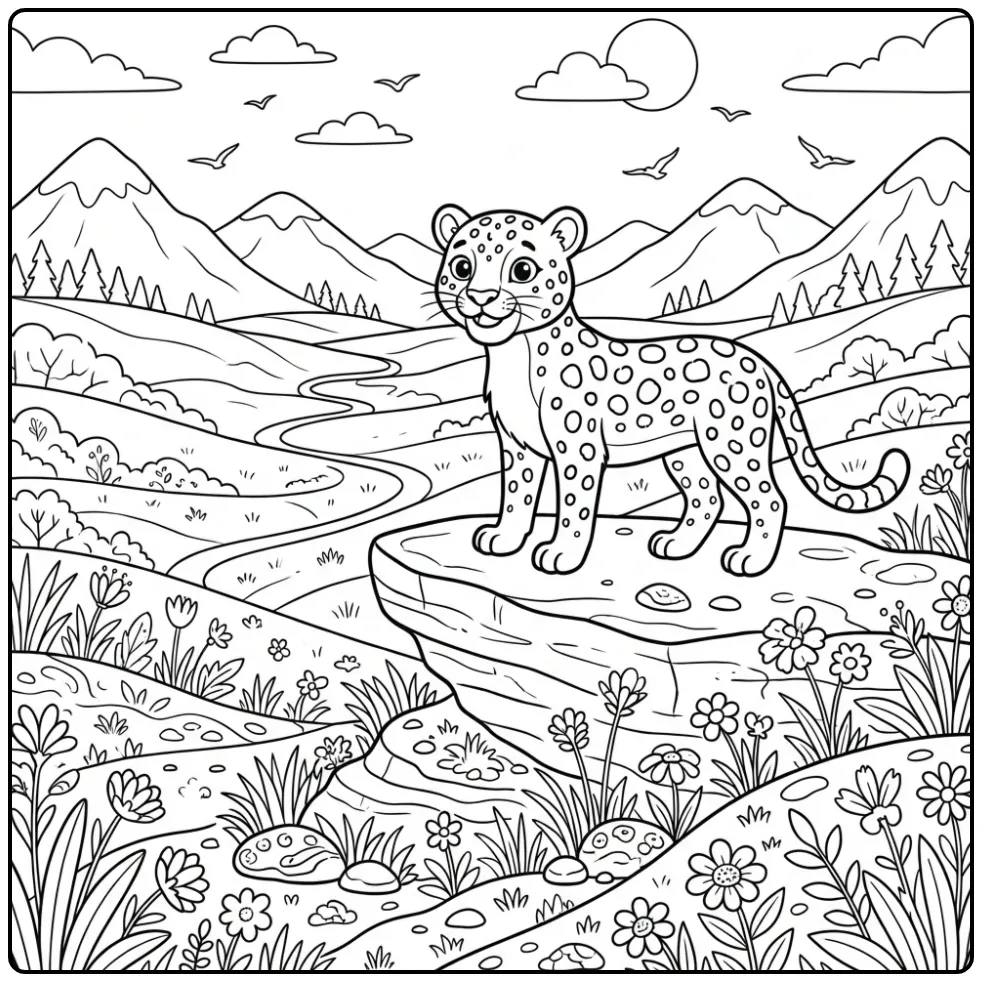 Een schattige kleurplaat luipaard op een rots bij bergen.