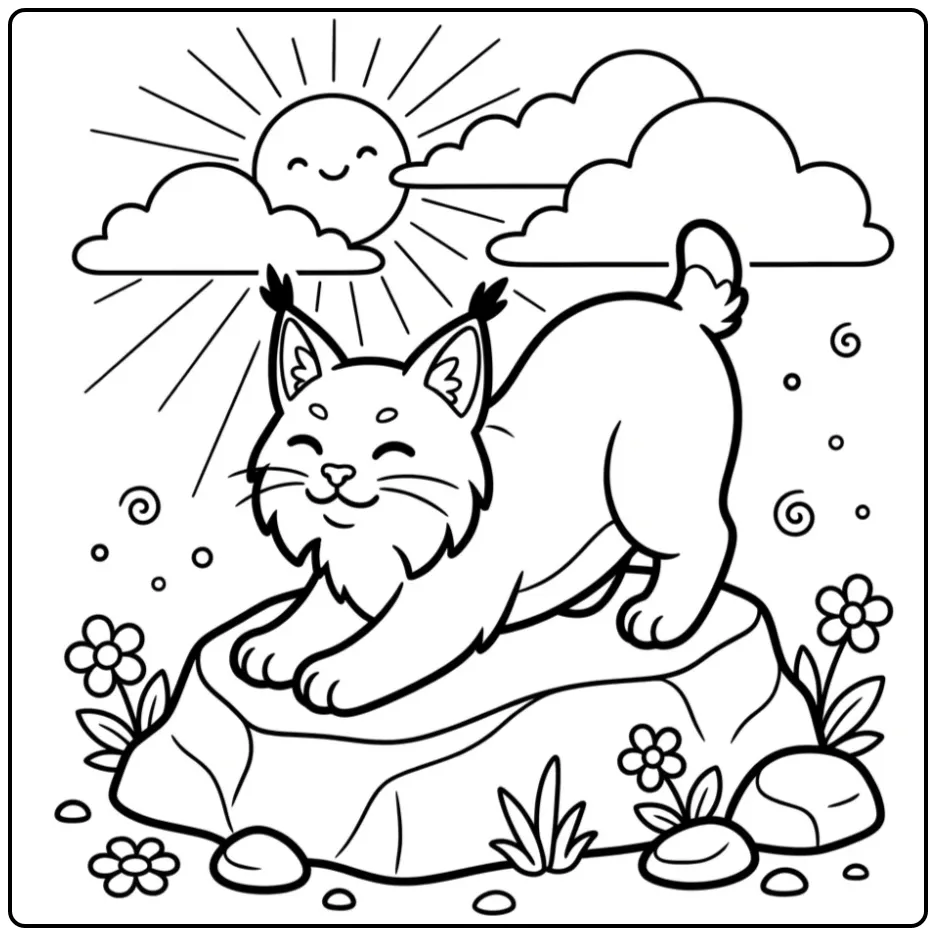 Schattige kleurplaat lynx die zich uitrekt op een rots.