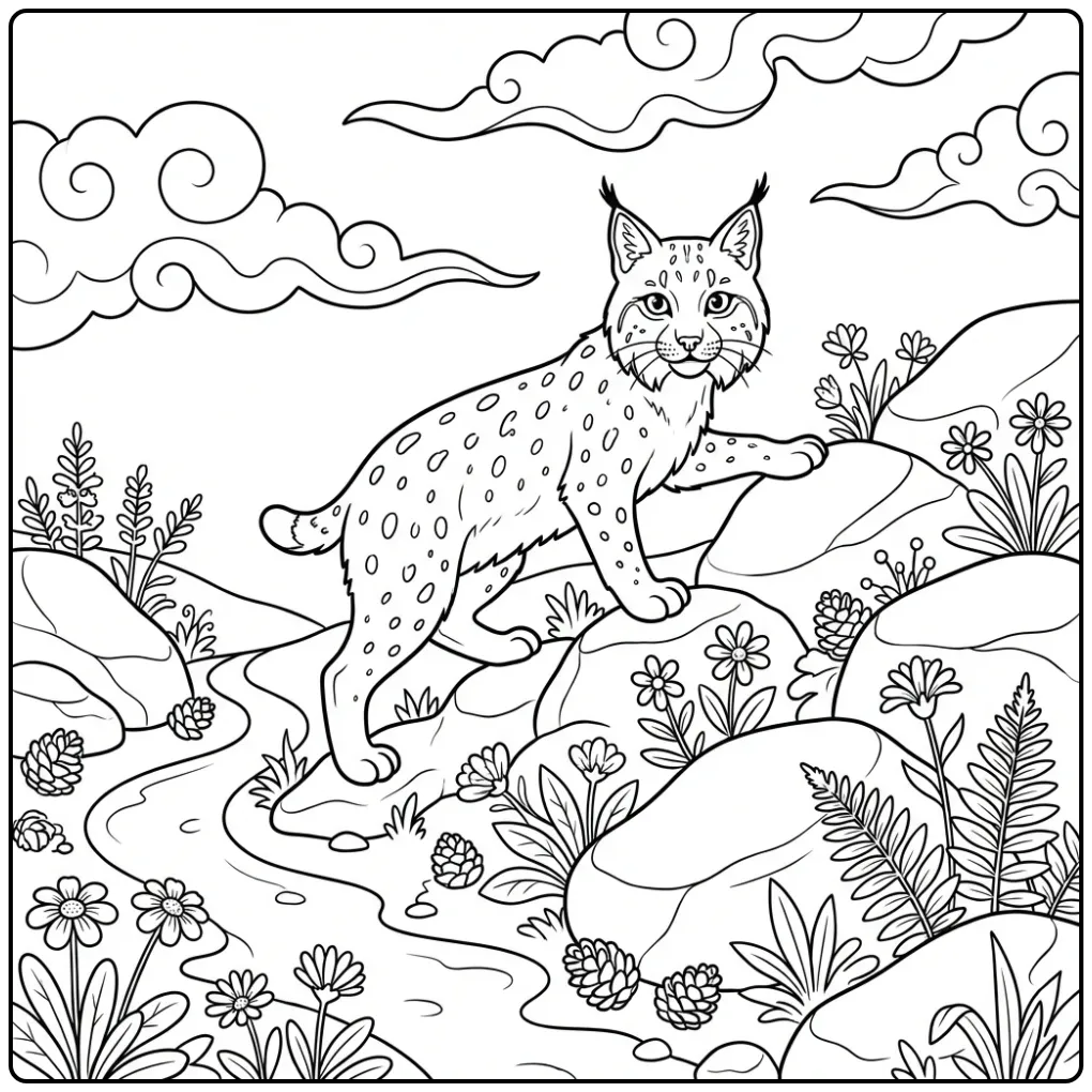 Schattige kleurplaat lynx klimmend op een rotsachtige heuvel.