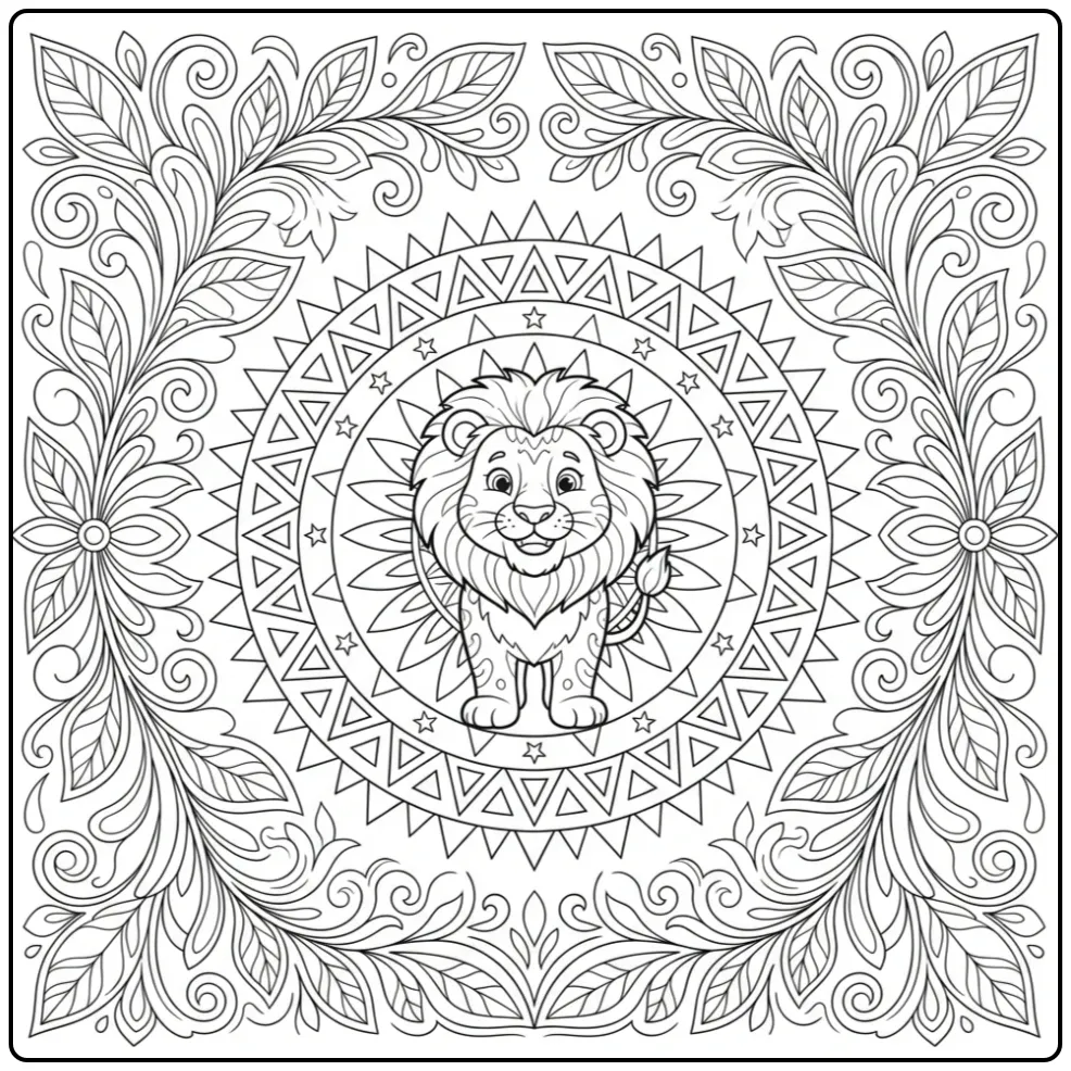 Schattige kleurplaat mandala leeuw met sterren en bladeren.