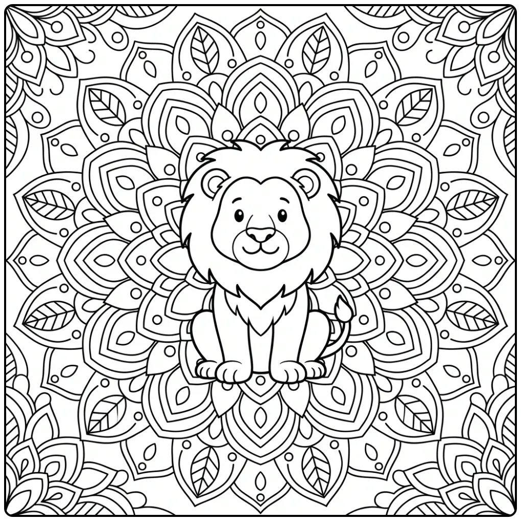 Symmetrische kleurplaat mandala leeuw met bloemmotieven.