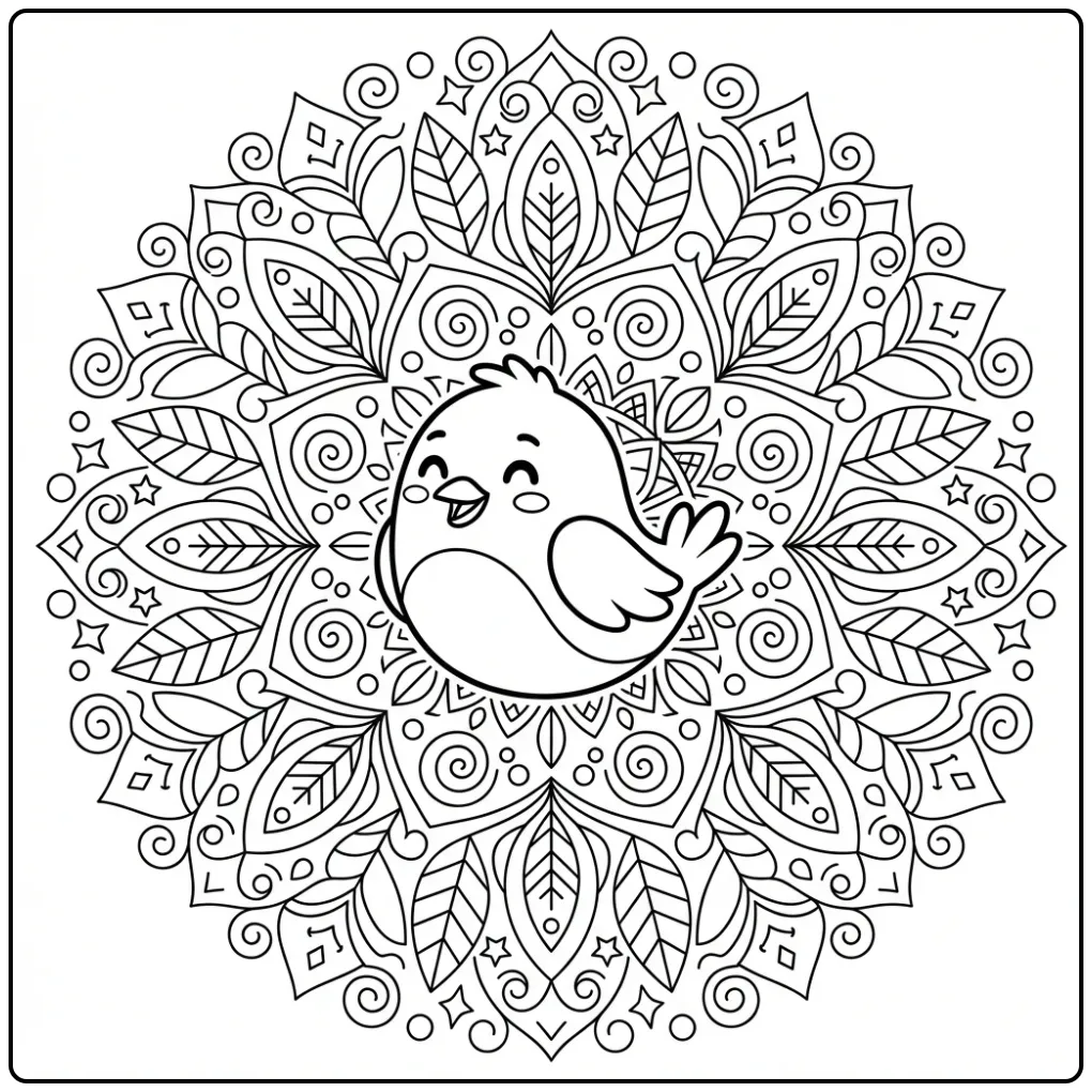 Schattige kleurplaat mandala vogel met ronde blaadjes en bloemen