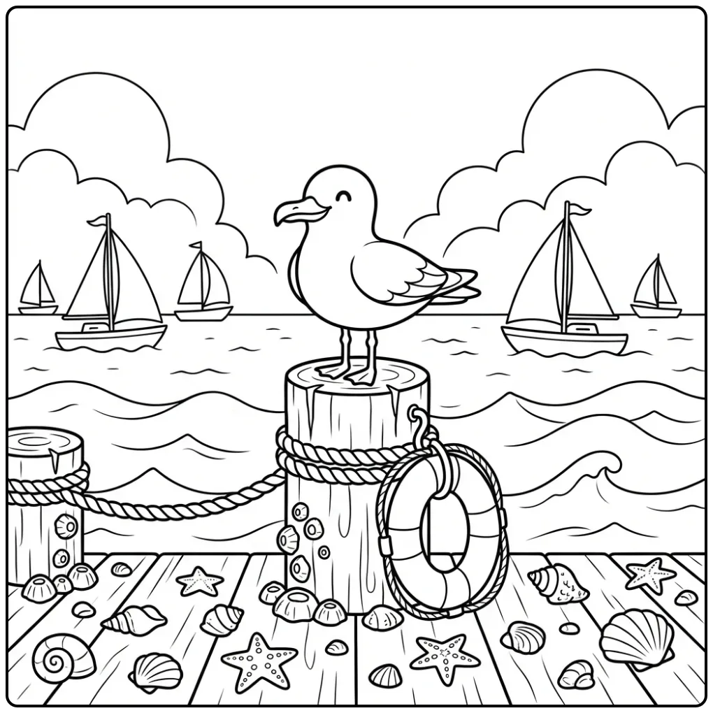 Schattige kleurplaat meeuw op houten pier met schelpen.