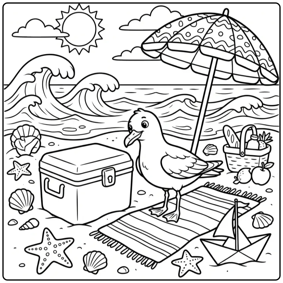 Schattige kleurplaat meeuw op het strand bij een koelbox.