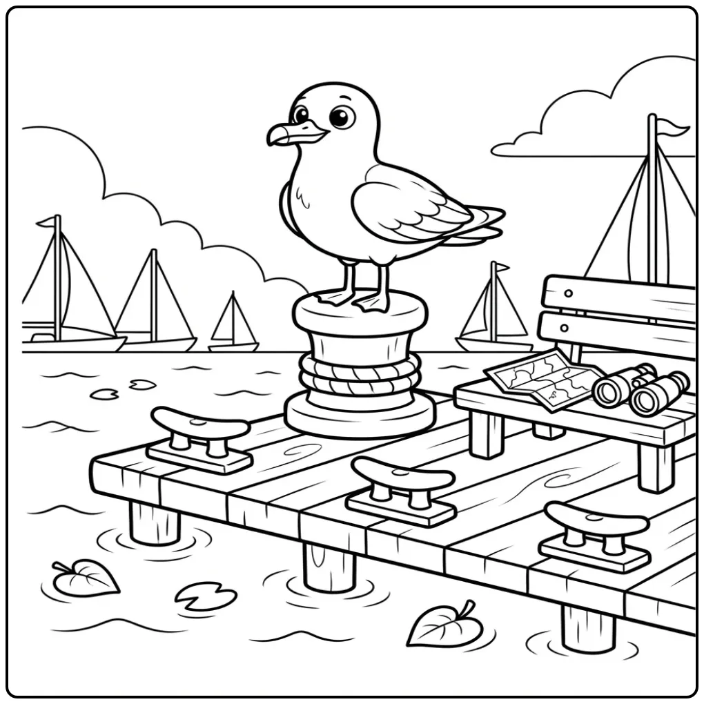 Schattige kleurplaat meeuw zittend op een meerpaal.