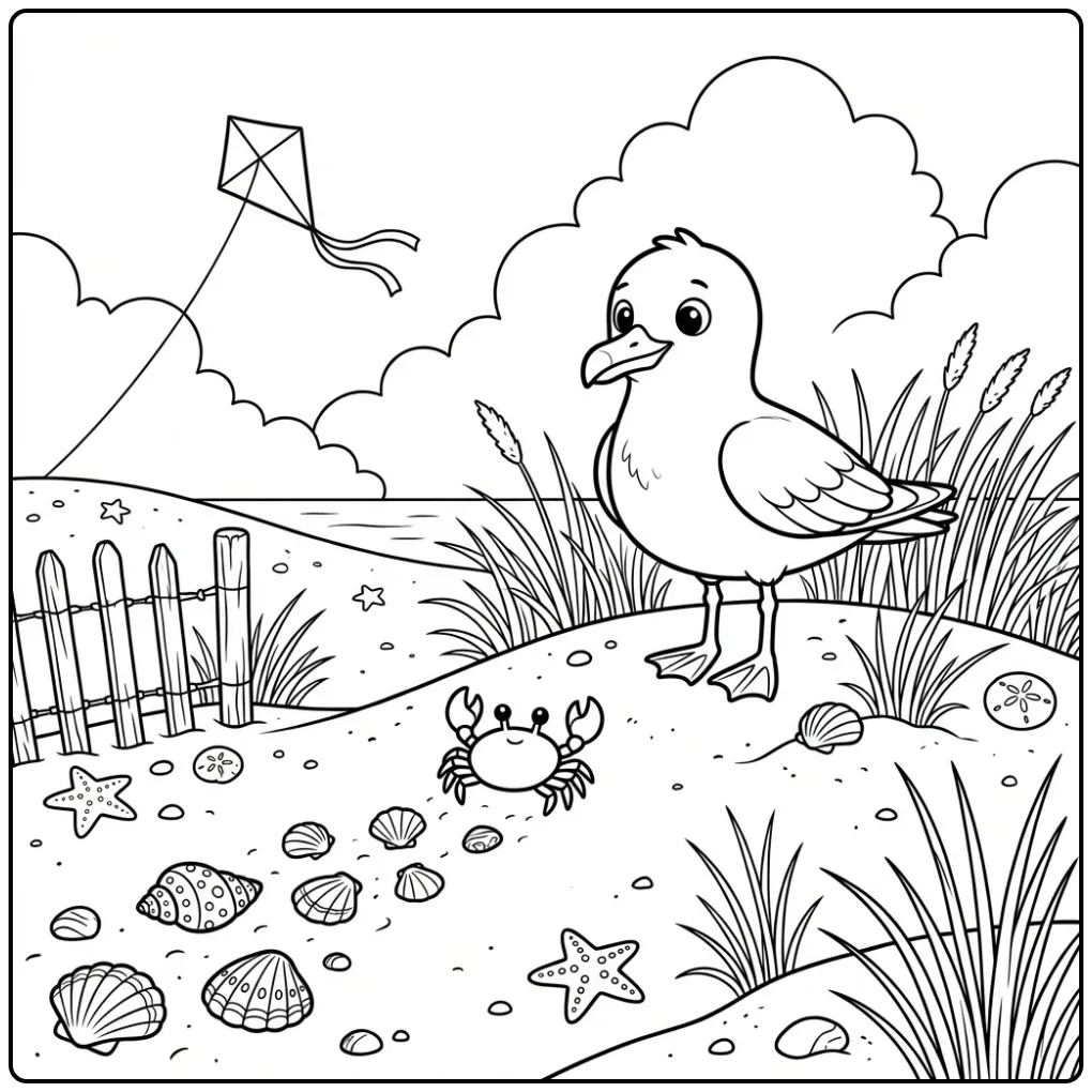 Schattige kleurplaat meeuw kijkt naar een krabje