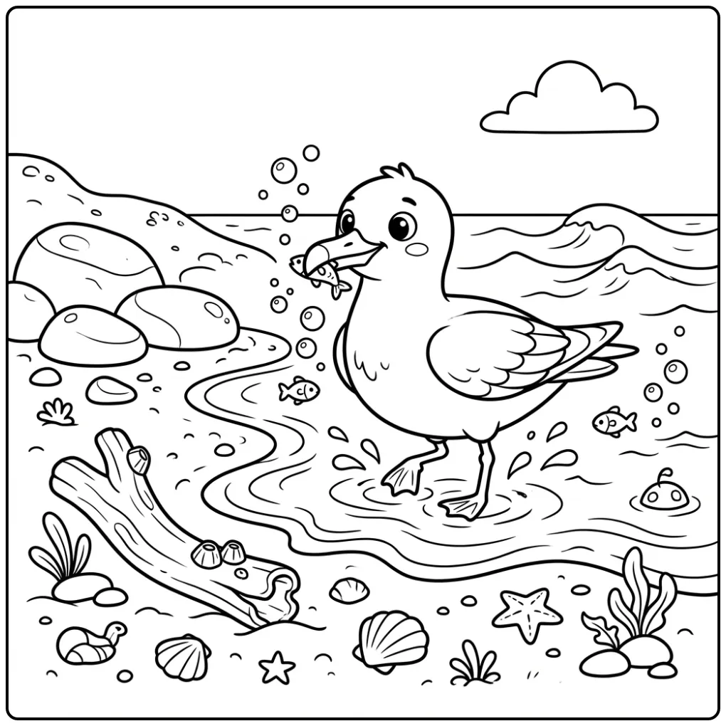 Schattige kleurplaat meeuw wadend in het water met visjes.