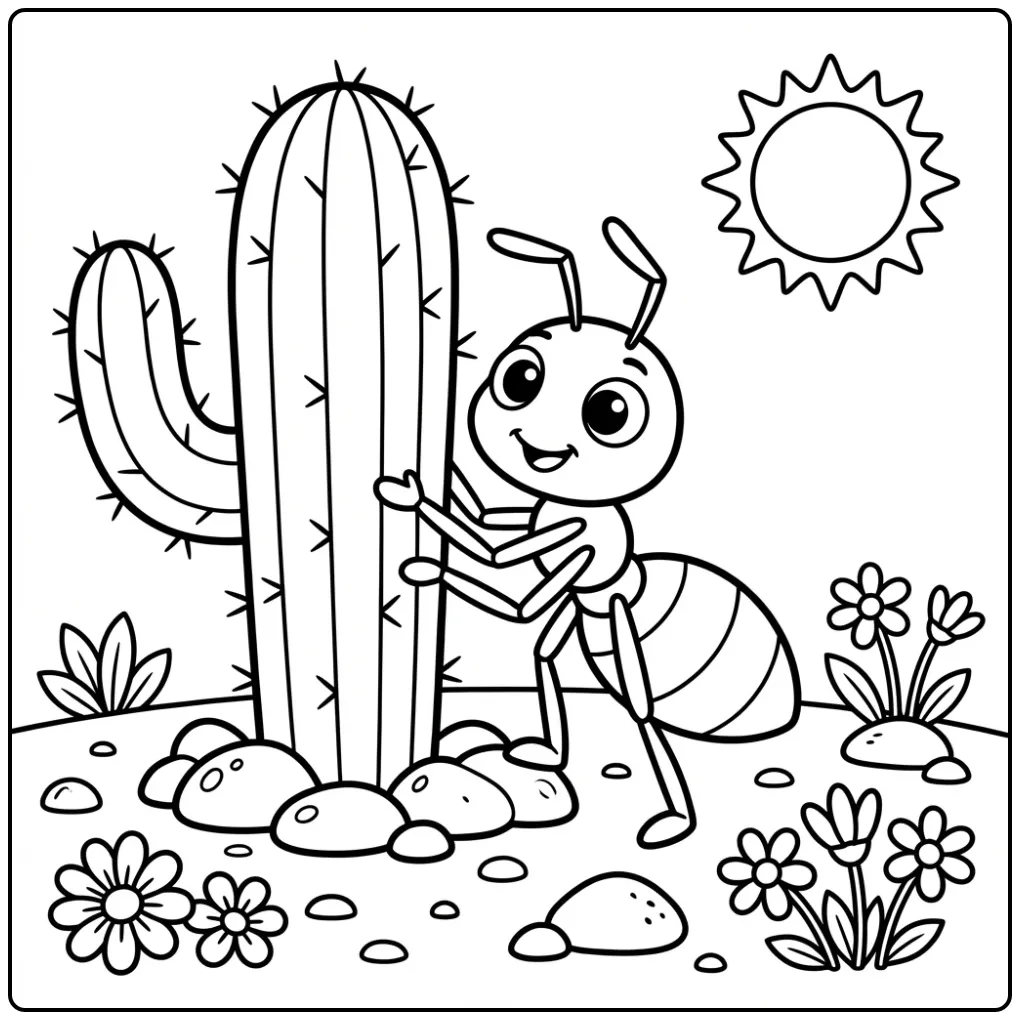 Schattige kleurplaat mier klimt op een cactus in de zon.