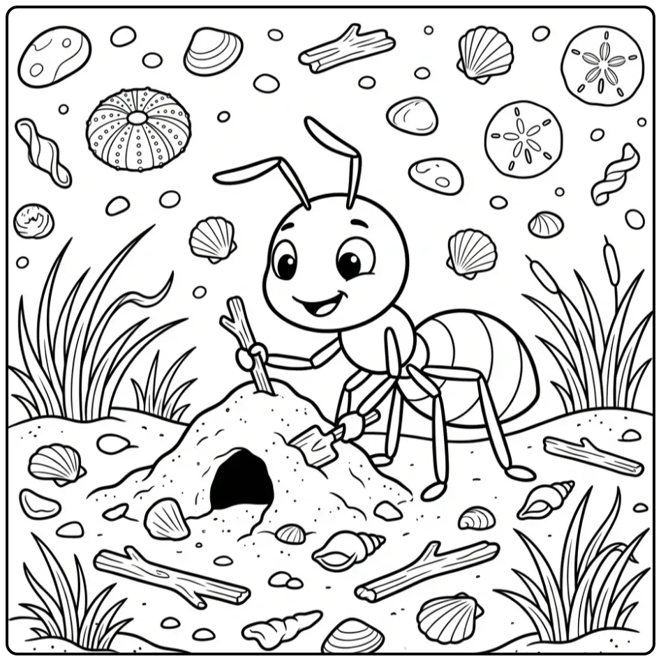 Een schattige kleurplaat mier die bouwt op het strand.
