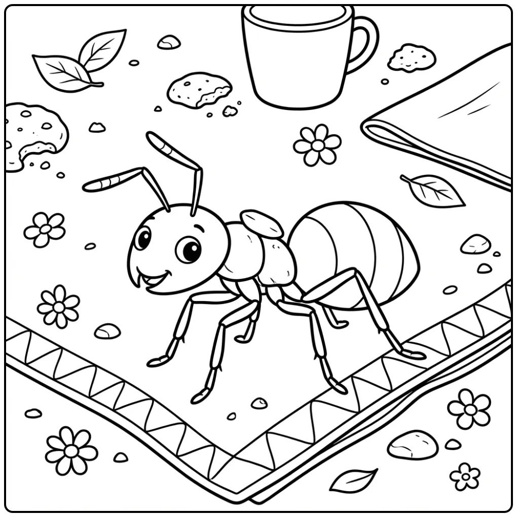 Schattige kleurplaat mier draagt rijstkorrel bij kleed